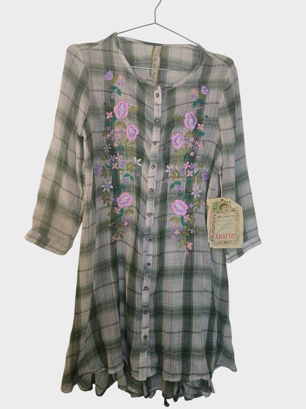 Embroidered Green Plaid Button-Front Tunic Dress